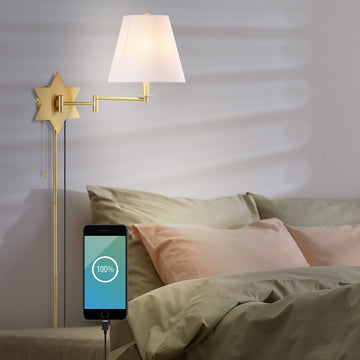 David 18.5" Modern French Country Swing Arm Plug-In or Hardwired Iron LED Star Wall Sconce with Pull-Chain and USB Charging Port - JONATHAN Y